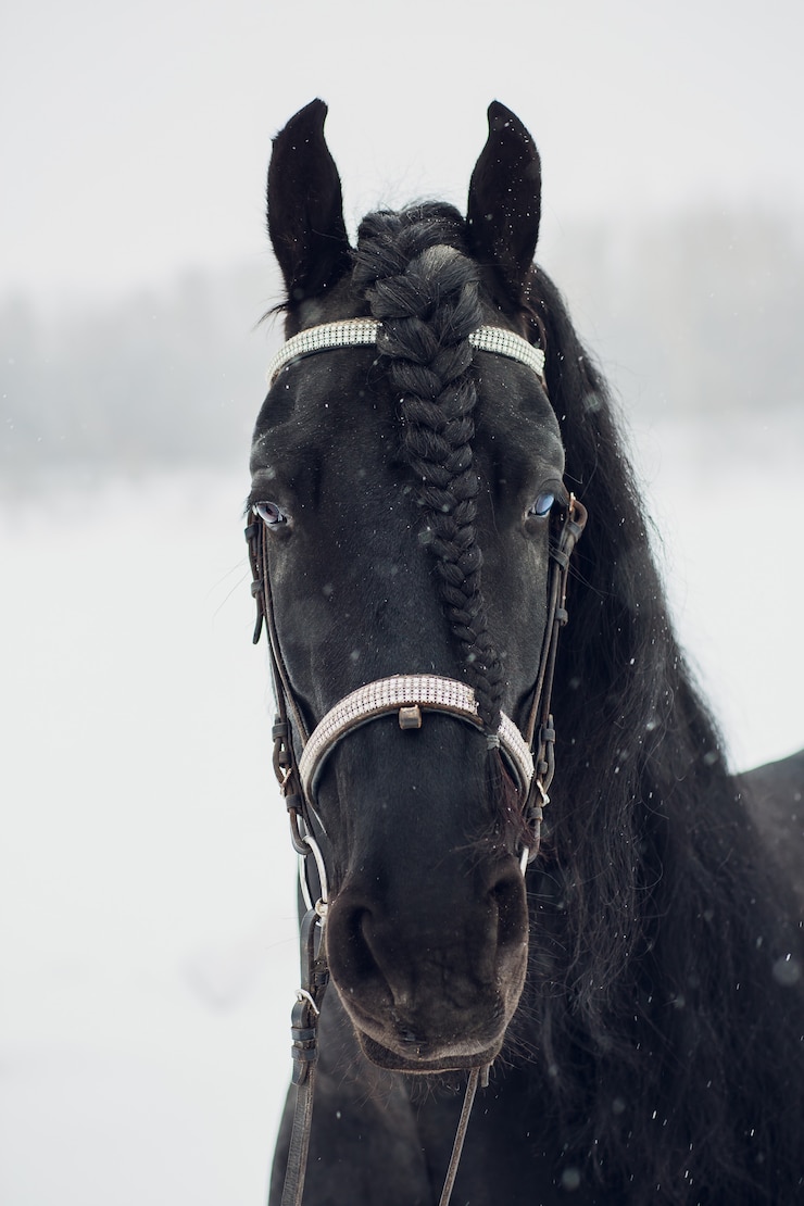 Photo friesian stallion running in winter field.