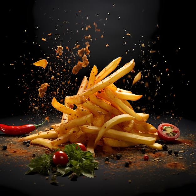 friet gegooid in masala stijl met specerijen vliegen en chili's