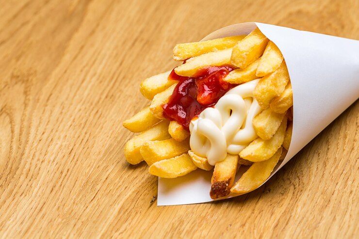 Frietjes in een zakje met ketchup en mayonaise