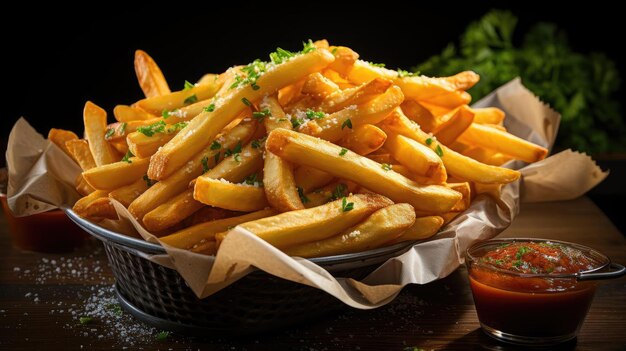 frietjes op houten tafel op zwarte achtergrond met filmisch licht