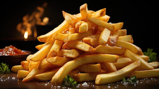 frietjes op houten tafel op zwarte achtergrond met filmisch licht