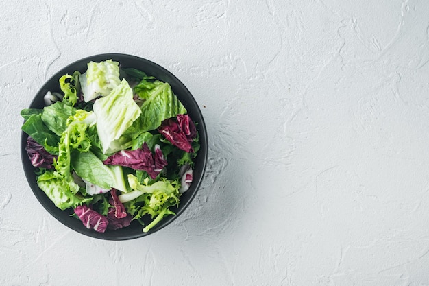 Frieze, romaine and Radicchio lettuce salad, on white background, top view flat lay with copy space for text