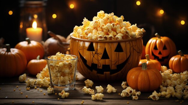 恐怖の夜の映画、ハロウィーンのホラー映画とポップコーン