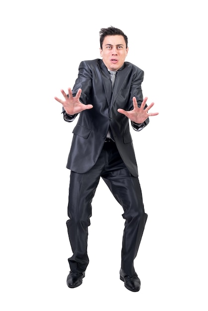 Frighted man in elegant suit White background