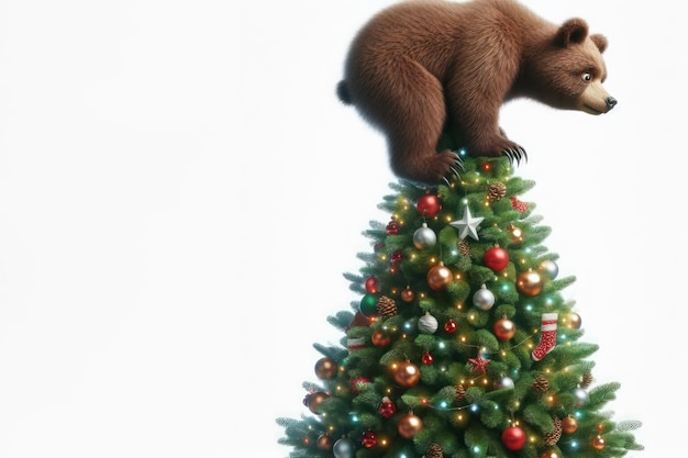 怖がったクマがクリスマスツリーの頂上に登った テキストのスペース