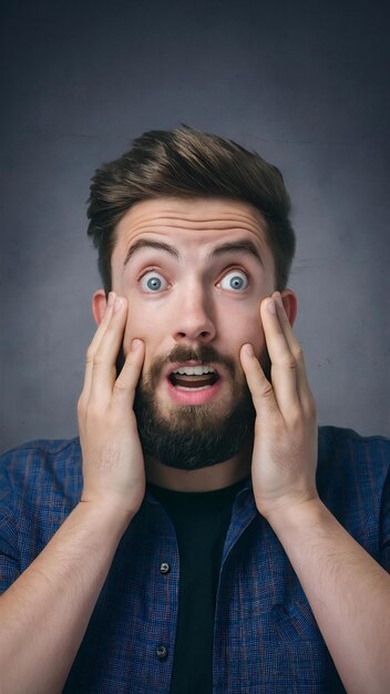 Frightened bearded young man has eyes popped out touches cheeks being scared of fight between fri