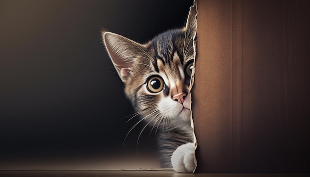A frightened cat peeks out from around the corner with copy space Generative AI