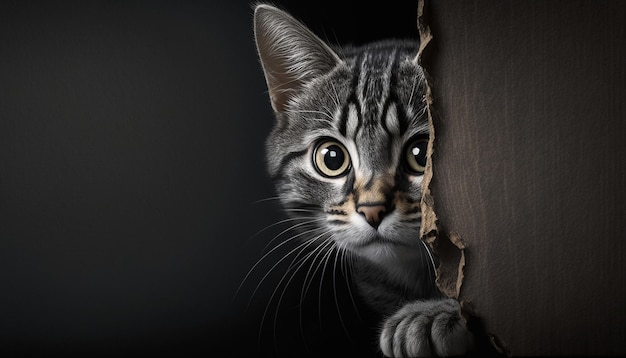 A frightened cat peeks out from around the corner with copy space Generative AI