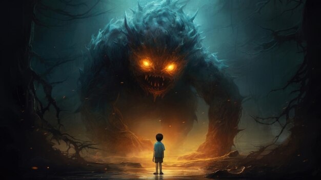 Photo a frightened child facing a nightmarish monster captured in a surreal and haunting dreamworld