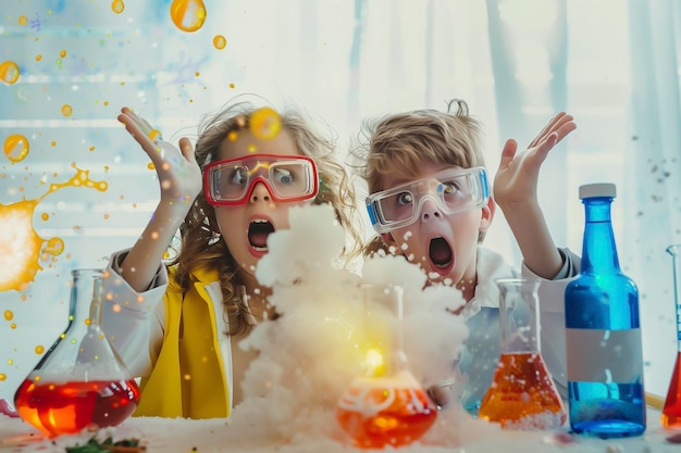 사진 겁에 질린 아이 들 은 실험실 에서 실험 튜브 를 사용 하여 실패 한 화학 실험 을 하였다