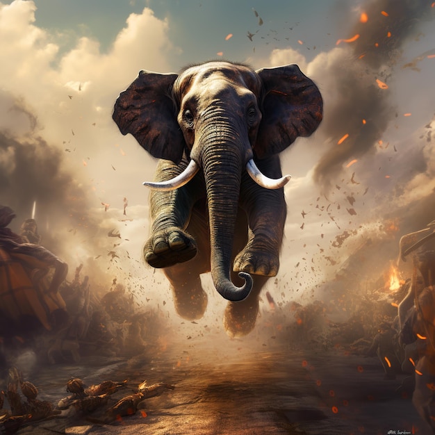 Frightened elephant running away from explosion elephant running from flames straight at us 3d ill