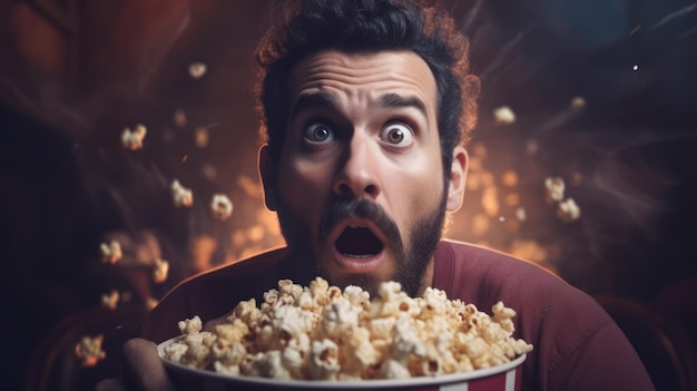 Страшное лицо человека, смотрящего фильм ужасов с попкорном в руках.