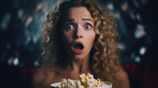 Foto il viso spaventato di una donna che guarda un film horror con un'ai a popcorn in mano.