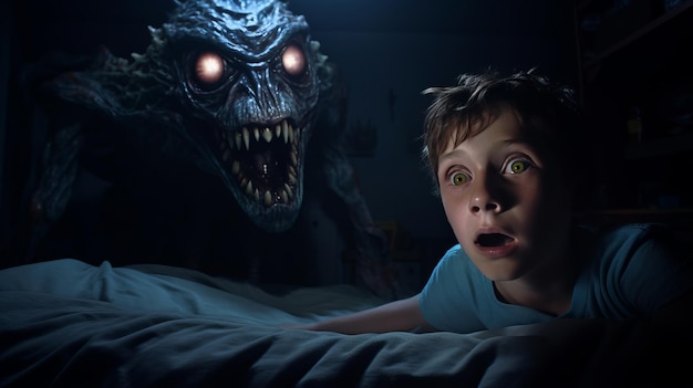 Frightened little boy lies awake in bed due nightmarish dream terrifying monster lurks in dark room