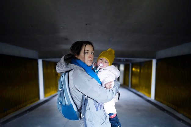 Frightened mother and her child in the underground shelter