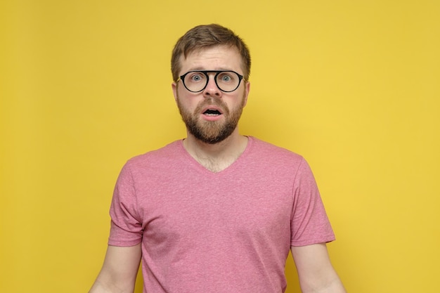 Frightened shocked bearded man with glasses