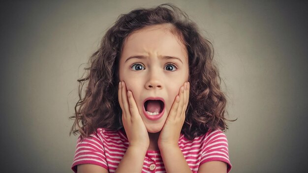 Frightened stupefied young european girl keeps mouth opened has fearful gaze at camera