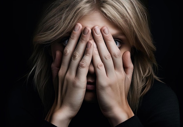 a frightened woman covering her eyes with her hands in the style of a nightmare