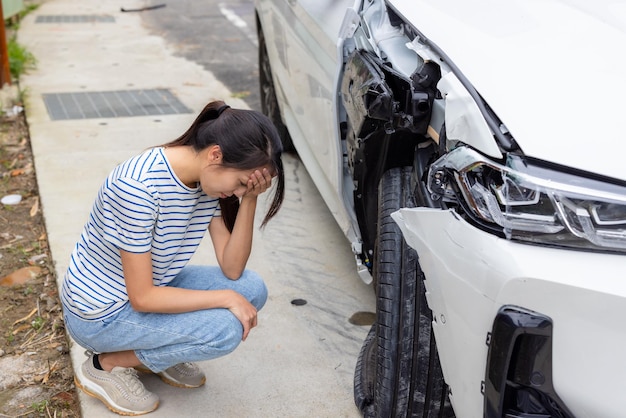 Frightened woman sits in front of crashed car