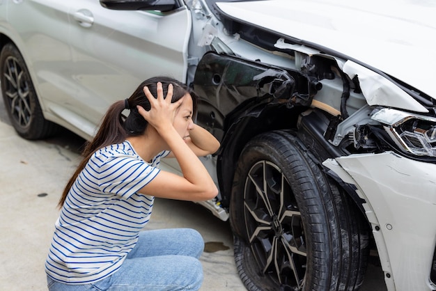 Foto una donna spaventata si siede davanti a un'auto schiantata.