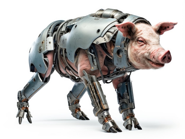 Photo a frightening futuristic killer cyborg pig full body view isolated on white