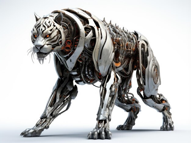 Photo a frightening futuristic killer cyborg tiger full body view isolated on white