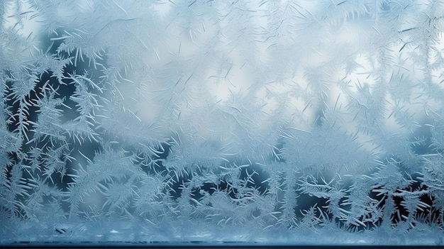 極寒の空気の霜が冷たい窓ガラスを優雅に飾ります シーズンツリー 雪玉 スケート 雪の吹きだまり クリスマス 白い色の夜 AIによって生成