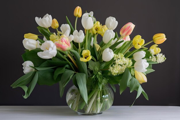 Fris bloemstuk met delicate lentetulpen en zacht groen