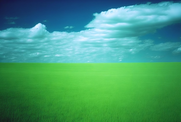 Fris groen veld lentelandschap met blauwe lucht Minimalistische lege scène Generatieve AI