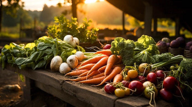 Frisse biologische groenten geoogst bij zonsondergang