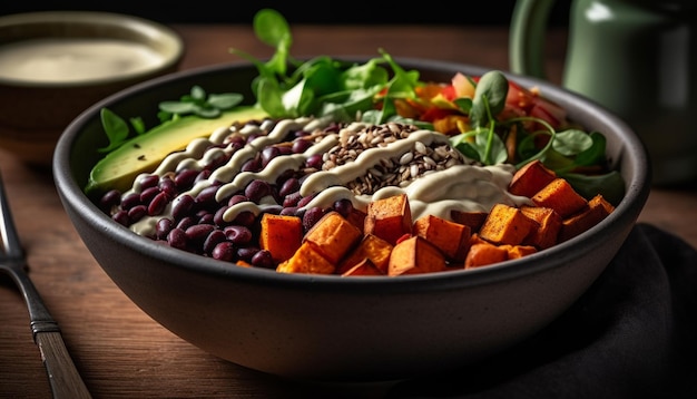 Frisse biologische vegetarische salade met gegrild vlees en pompoensaus gegenereerd door AI