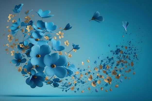 frisse blauwe bloemen die in de lucht vallen op blauwe achtergrond ai gegenereerd