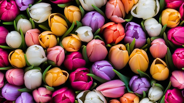 Foto frisse en kleurrijke tulpen creëren een levendige lente achtergrond infuse een gevoel van romantiek en elegantie die doet denken aan valentijnsdag naadloos patroon naadloos behang