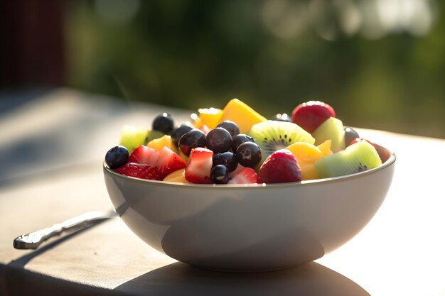 Frisse fruitsalade in de kom op tafel buiten Zomervoedselconcept Generatieve AI