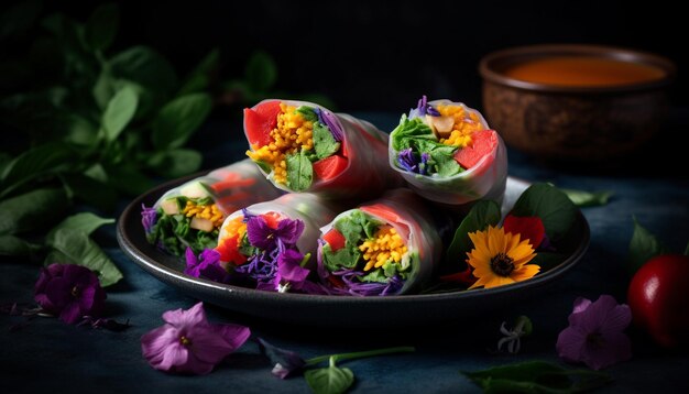 Foto frisse gastronomische salade met biologisch vlees en kleurrijk groentenvoorgerecht gegenereerd door ai