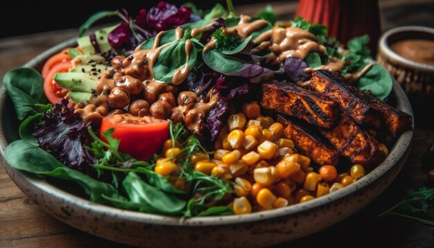 Frisse gastronomische salade met gegrild vleesvariatie gegenereerd door AI