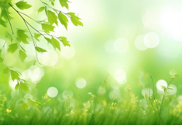 Frisse groene lente achtergrond met bokeh intreepupil lichten en gras