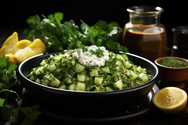 Foto frisse kikkererwtensalade met komkommer en koriander generatief ia