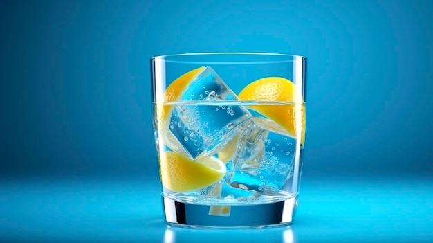 Frisse koele limonade in een klein glas met ijs op blauwe achtergrond water koud sap cocktail kleur AI generatief