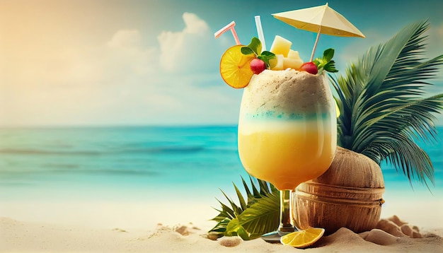 Frisse koude cocktail op tropisch strand met helder zand Zomer zee vakantie en reisconcept