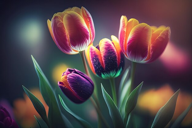 Foto frisse levendige lentetulpen op onscherpe achtergrond bokeh met kopieerruimte voor tekst