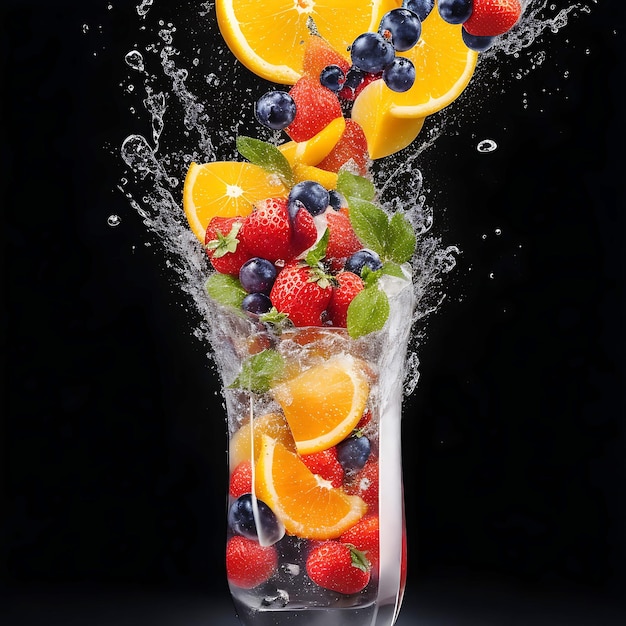 Frisse mojito-drank met ijs en fruitblender met fruitvliegende AI-generatie