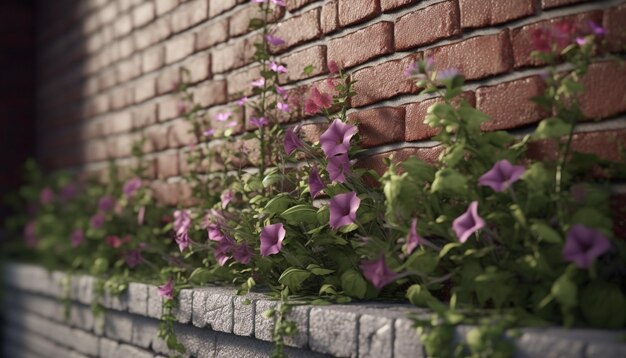 Frisse roze en paarse bloemen sieren de buitenkant van een oud bakstenen gebouw dat door kunstmatige intelligentie is gegenereerd