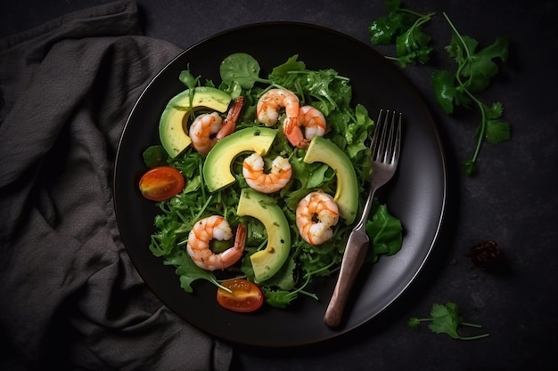 Frisse salade met garnalenavocado en kruiden op een bord Generatieve AI