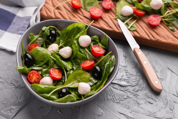 Frisse salade met mozzarella kaas, tomaat en spinazie. Gezond dieetvoedsel.