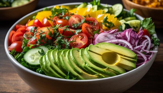 Frisse vegetarische salade met gezonde biologische ingrediënten gegenereerd door AI