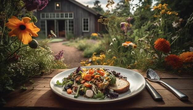 Foto frisse vegetarische salade op houten bord buitenshuis gegenereerd door ai