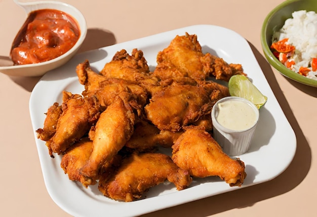 Frite kippenvleugels met zoete saus en meng groenten op witte achtergrond