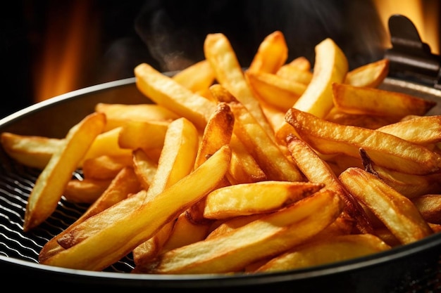 Foto frites koken close-up van friten frites in de friteuse in hete olie