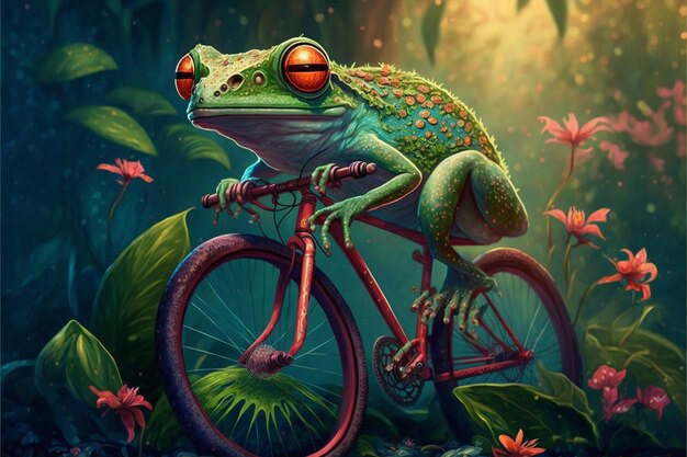 frog on a bicycle with flowers and plants